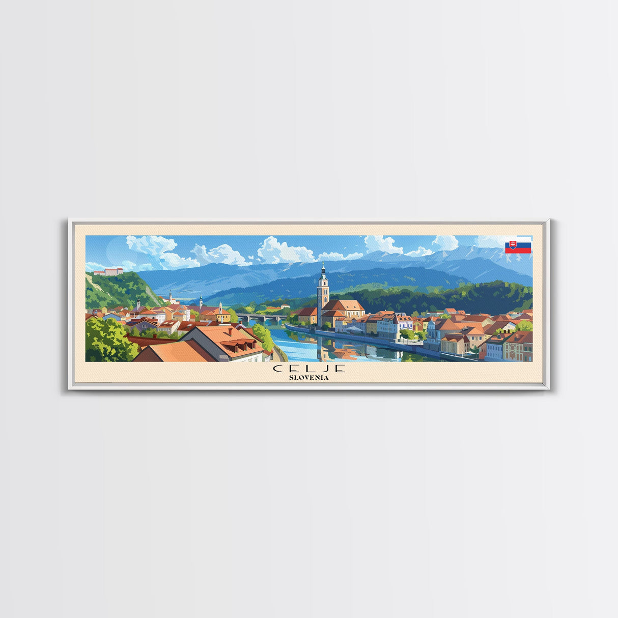 Celje Slovenia Panoramic Travel Poster, Framed Canvas Print or Metal Wall Art, Travel Art, Home Decor, Panoramic Painting, Midcentury Art