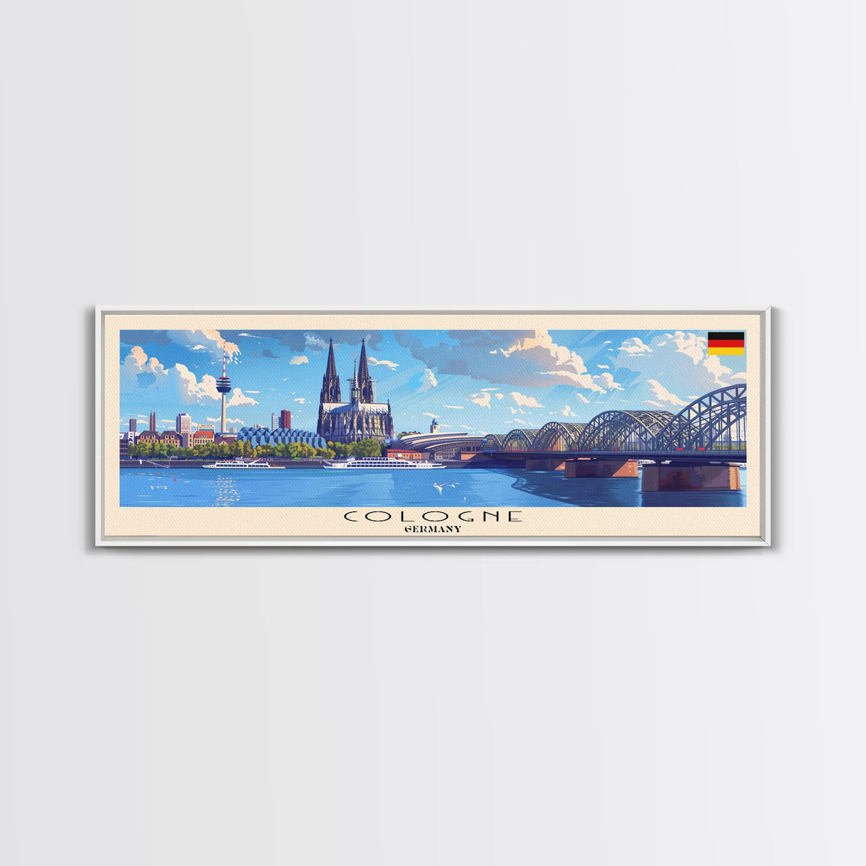 Cologne Germany Panoramic Travel Poster, Framed Canvas Print or Metal Wall Art, Travel Art, Home Decor, Panoramic Painting, Midcentury Art