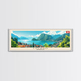 Lugano Switzerland Panoramic Travel Poster, Framed Canvas Print or Metal Wall Art, Travel Art, Home Decor, Panoramic Painting, Midcentury Art