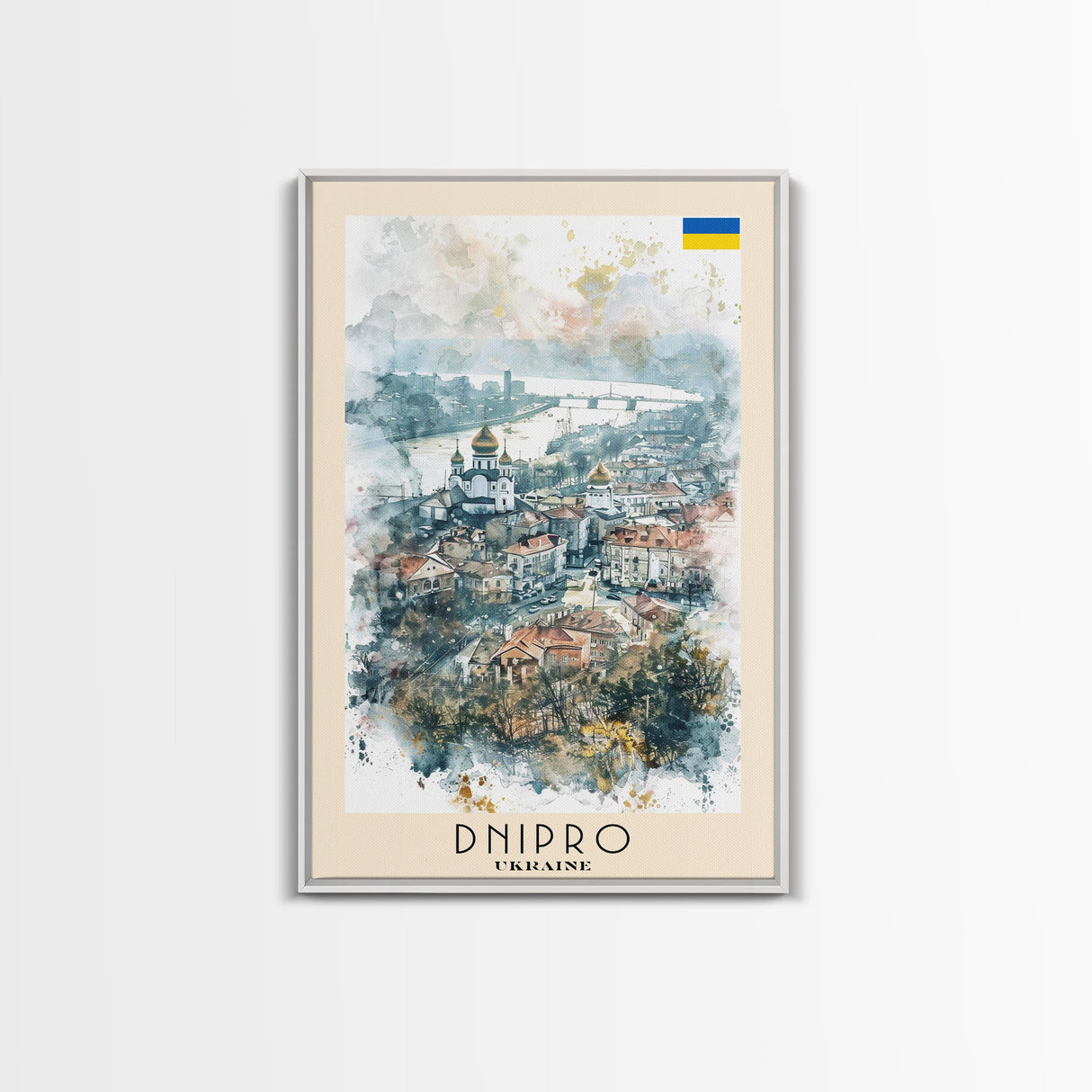 Dnipro Ukraine Urban Landscape Framed Canvas Print, Watercolor Travel Poster, Eastern European Wall Art, Elegant Home Decor, Retro Cityscape Art, Living Room Accent