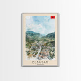 Elbasan, Albania Framed Canvas Print. Mountain Charm Wall Art for Living Room or Bedroom, Scenic Travel Poster Decor.