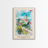Kragujevac Serbia Travel Poster Framed Canvas Print, Watercolor Painting, Boho Wall Art, Living Room Decor, Scenic Art, Travel Print
