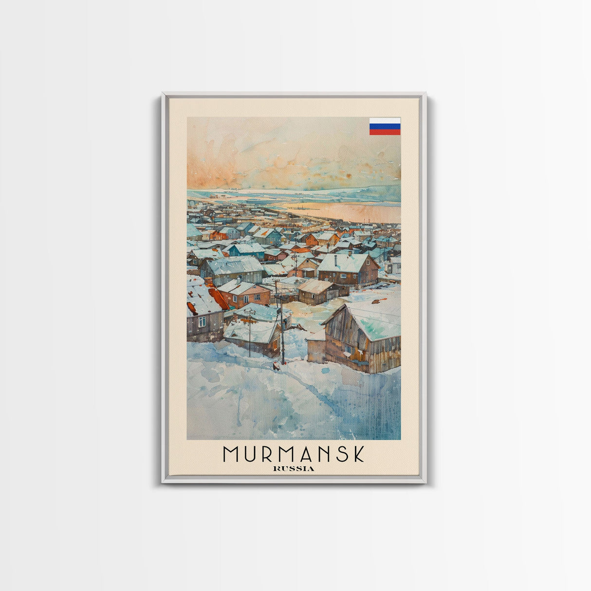 Murmansk Russia Travel Poster Framed Canvas Print, Coastal Cityscape, Watercolor Painting, Wall Art, Home Decoration, Travel Print, Unique Gift