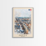 Nantes France Travel Poster Framed Canvas Print, Cityscape Watercolor Painting, Wall Art, Home Decor, Vacation Art, Urban Art, Unique Art