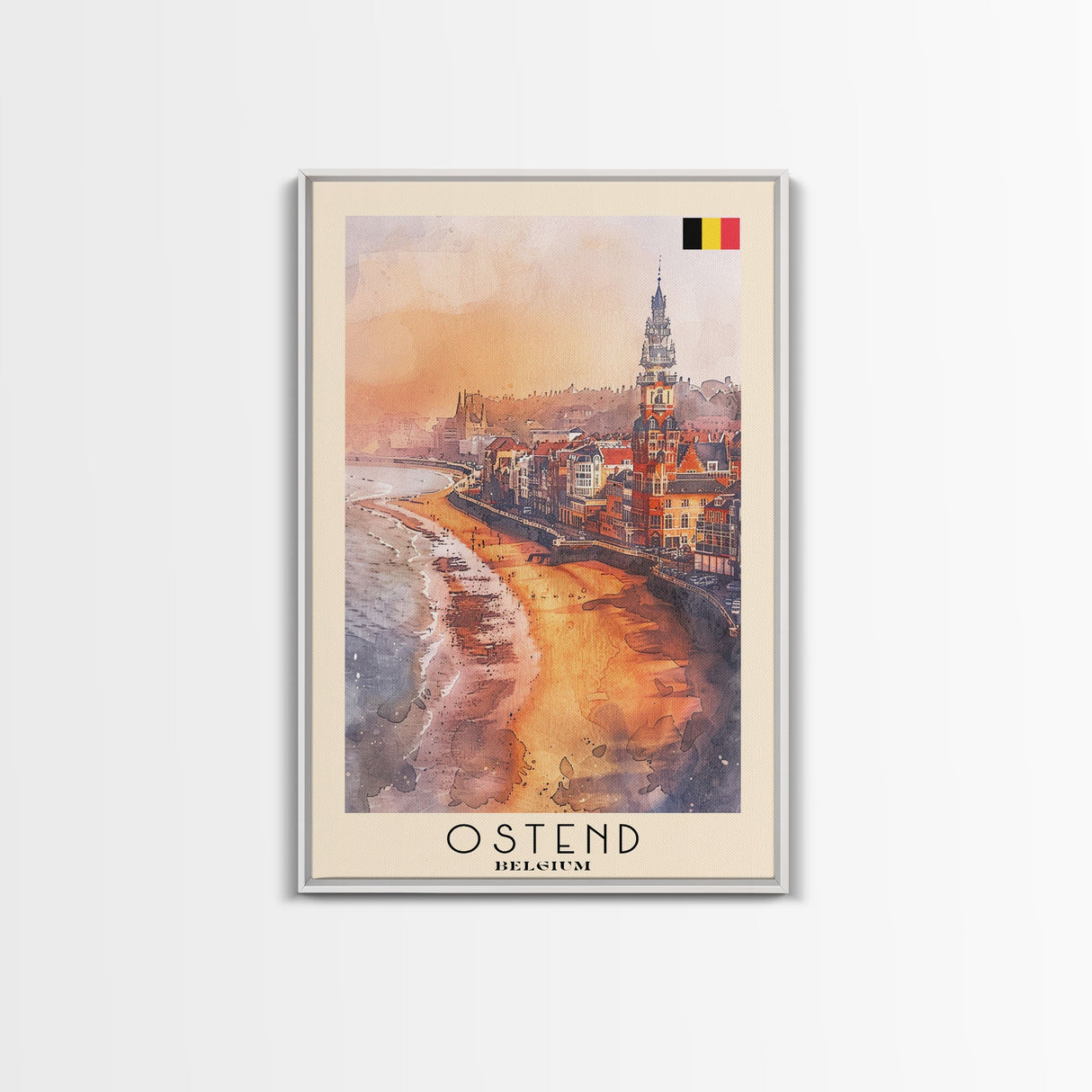 Ostend Belgium Travel Poster Framed Canvas Print, Watercolor Painting, Coastal Wall Art, Home Decor, Belgian Seaside, Vibrant Art