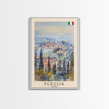 Perugia Italy Travel Poster Framed Canvas Print, Watercolor Painting, Scenic Wall Art, Home Decor, Italian Cityscape, Classic Art