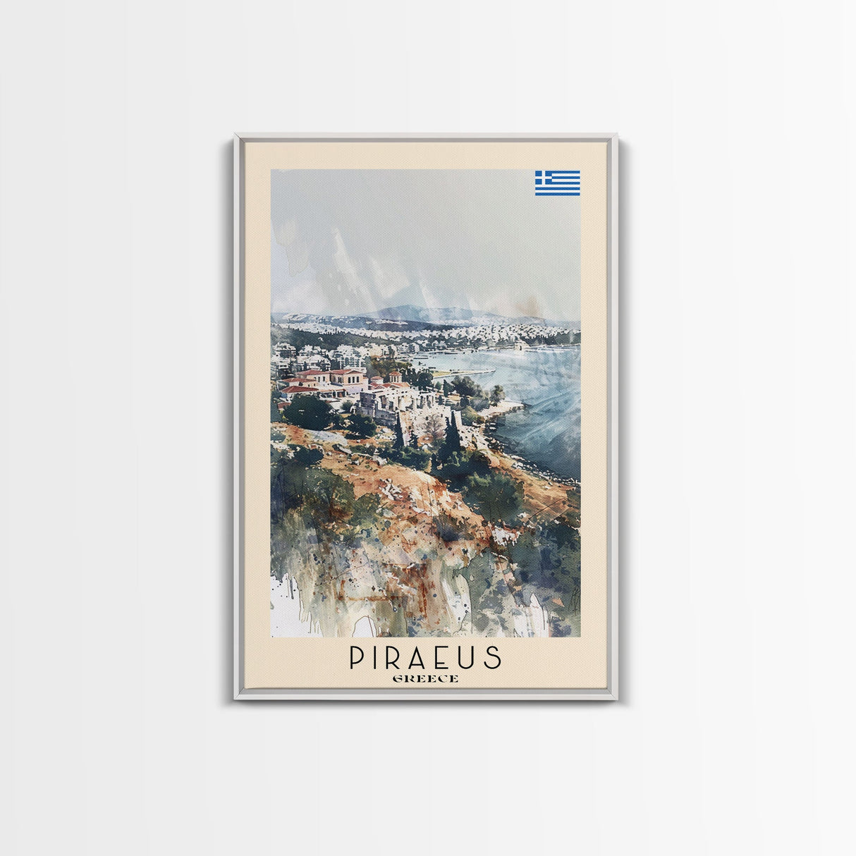Piraeus Greece Travel Poster Framed Canvas Print, Watercolor Painting, Coastal Wall Art, Home Decor, Greek Seaside, Vibrant Art