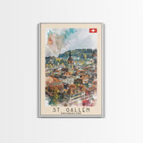 St Gallen Switzerland Travel Poster Framed Canvas Print, Watercolor Painting, Scenic Wall Art, Home Decor, Swiss Landscape, Classic Art