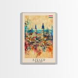 Szeged Hungary Travel Poster Framed Canvas Print, Watercolor Painting, Scenic Wall Art, Home Decor, Hungarian Cityscape, Vibrant Art
