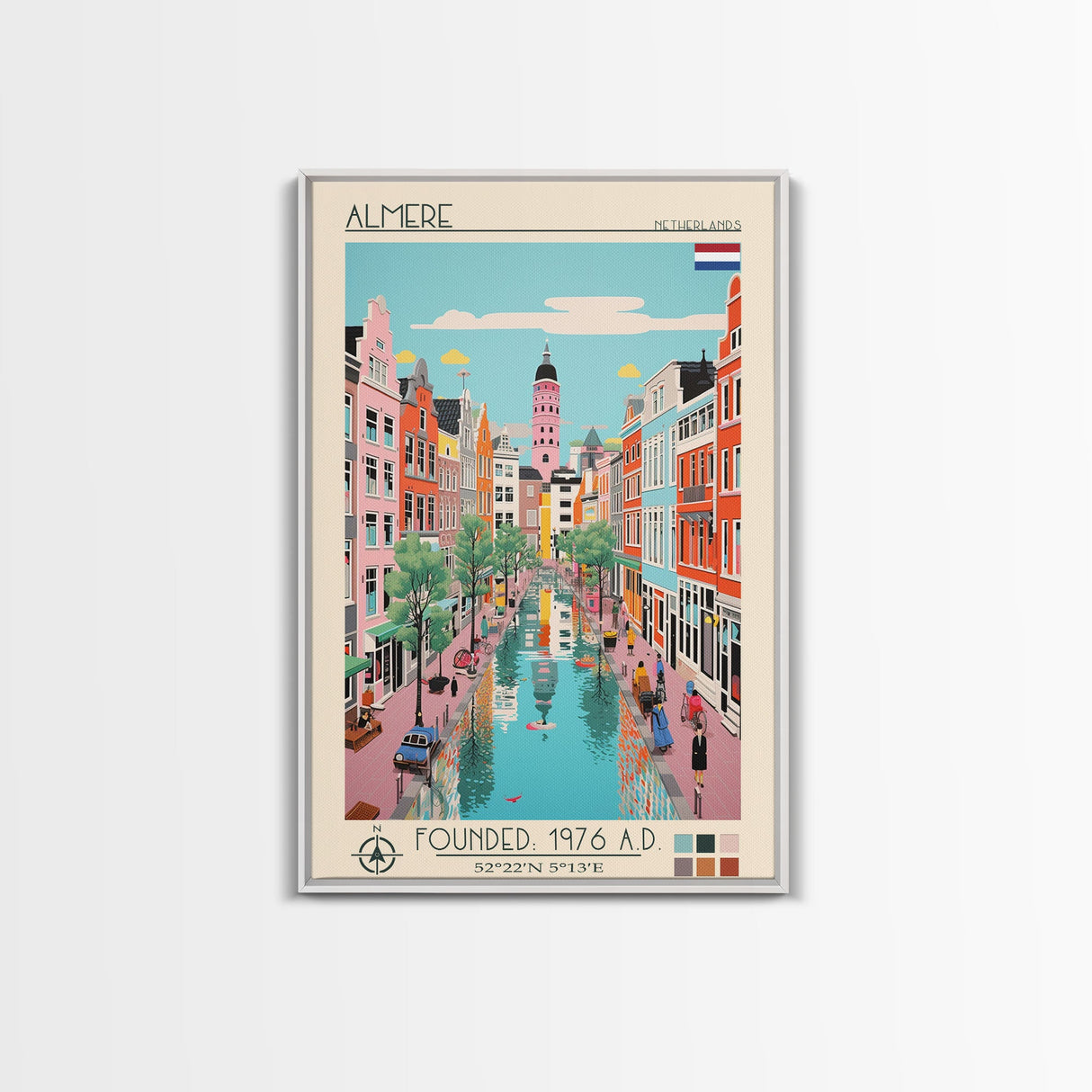Almere Netherlands Travel Poster Framed Canvas Print, Midcentury Modern Art, Pop Art Decor, Wall Art, Vacation Gift, Living Room Decoration, Scenic Print