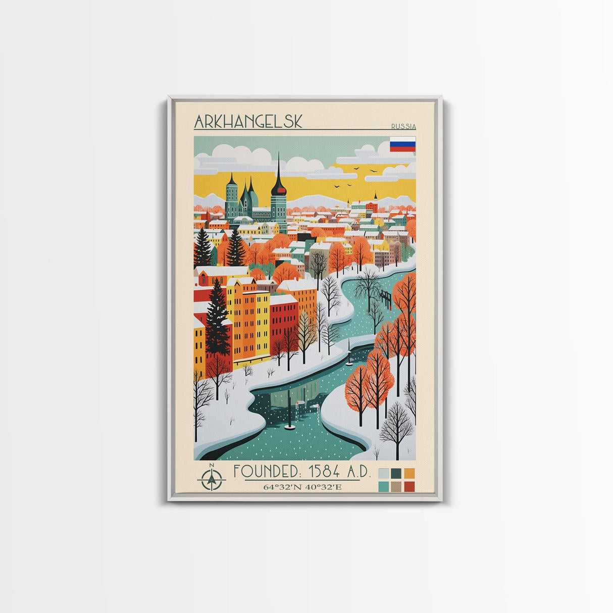 Arkhangelsk Russia Travel Poster Framed Canvas Print, Midcentury Modern Art, Pop Art Wall Decor, Home Decor, Vacation Gift, Living Room Art