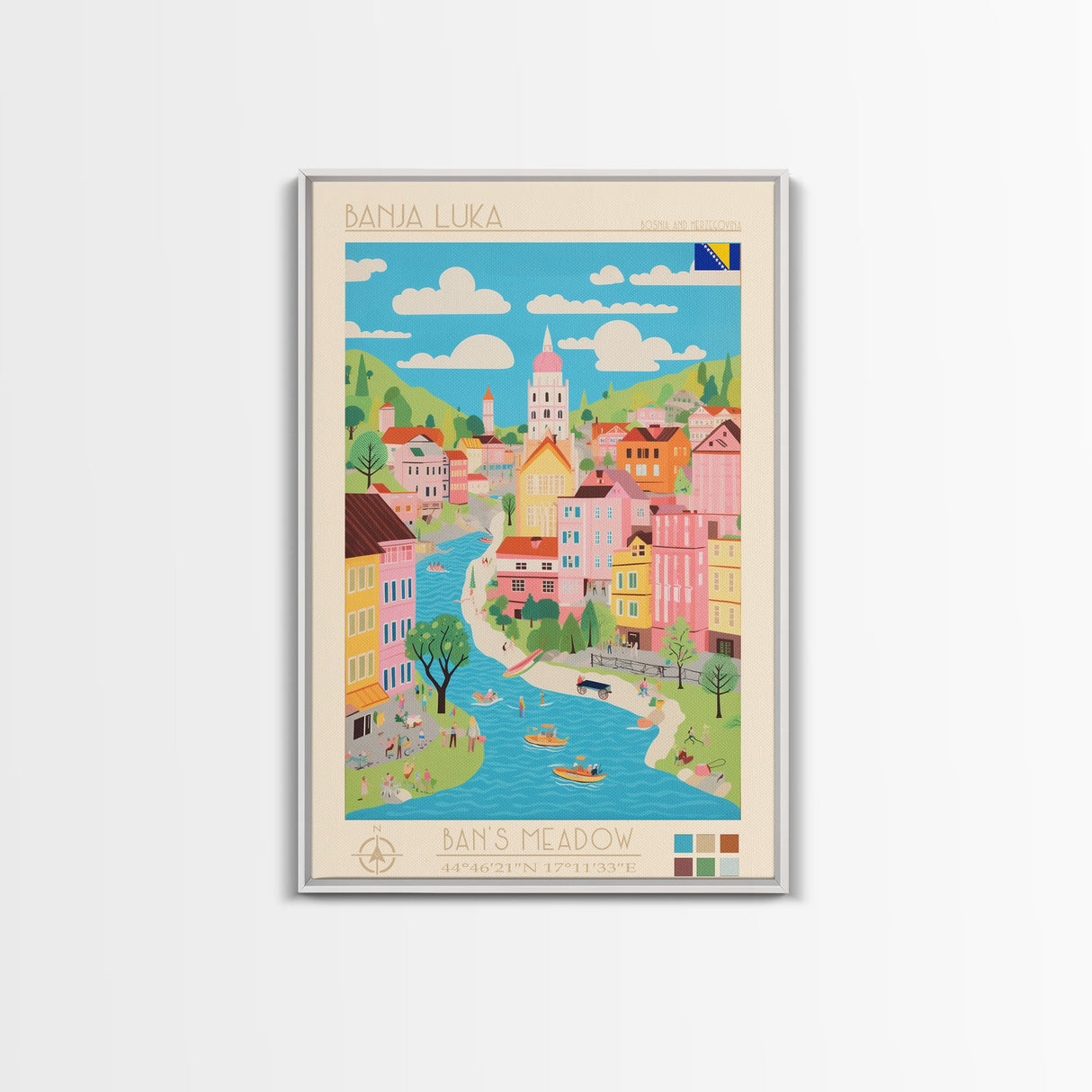 Banja Luka Bosnia Travel Poster Framed Canvas Print, Midcentury Modern Art, Pop Art Wall Decor, Home Decor, Vacation Gift, Living Room Art