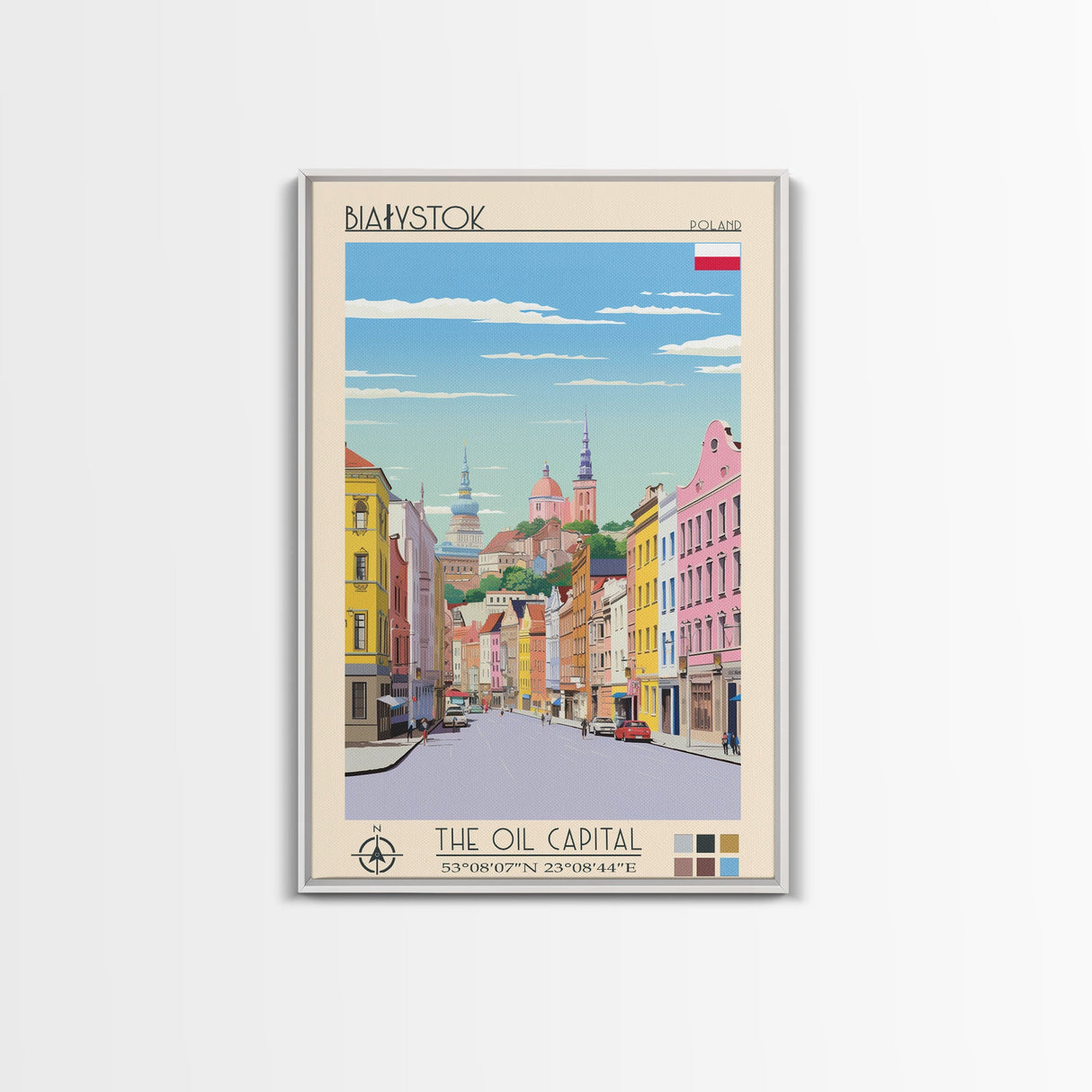 Białystok Poland Travel Poster Framed Canvas Print, Midcentury Modern Art, Pop Art Wall Decor, Home Decor, Vacation Gift, Living Room Art