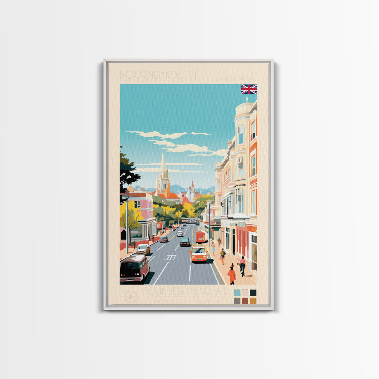 Bournemouth United Kingdom Travel Poster Framed Canvas Print, Midcentury Modern Art, Pop Art Wall Decor, Scenic Wall Art, Living Room Art