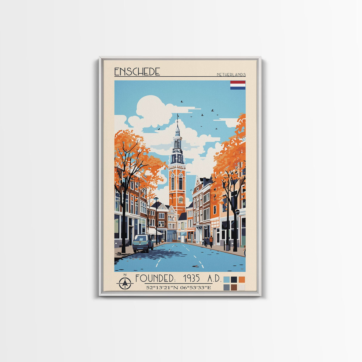 Enschede Netherlands Travel Poster Framed Canvas Print, Midcentury Modern Art, Pop Art Wall Decor, Scenic Wall Art, Bedroom Decoration