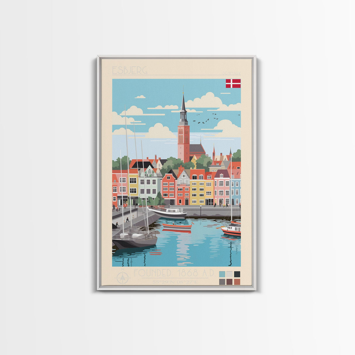 Esbjerg Denmark Travel Poster Framed Canvas Print, Midcentury Modern Art, Pop Art Wall Decor, Scenic Bedroom Art, Office Decoration
