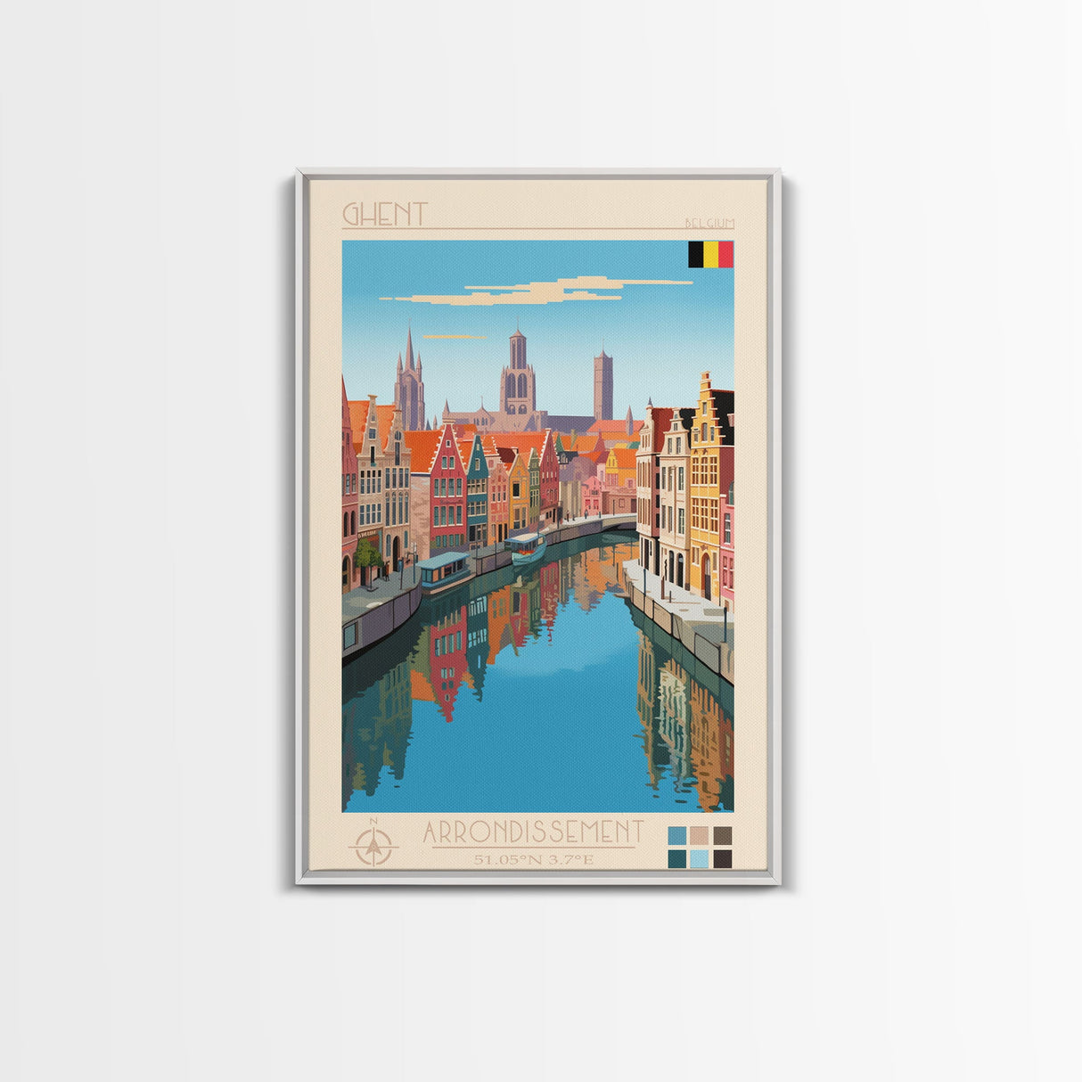 Ghent Belgium Travel Poster Framed Canvas Print, Midcentury Modern Art, Pop Art Wall Decor, Scenic Wall Art, Living Room Decoration, Office Art