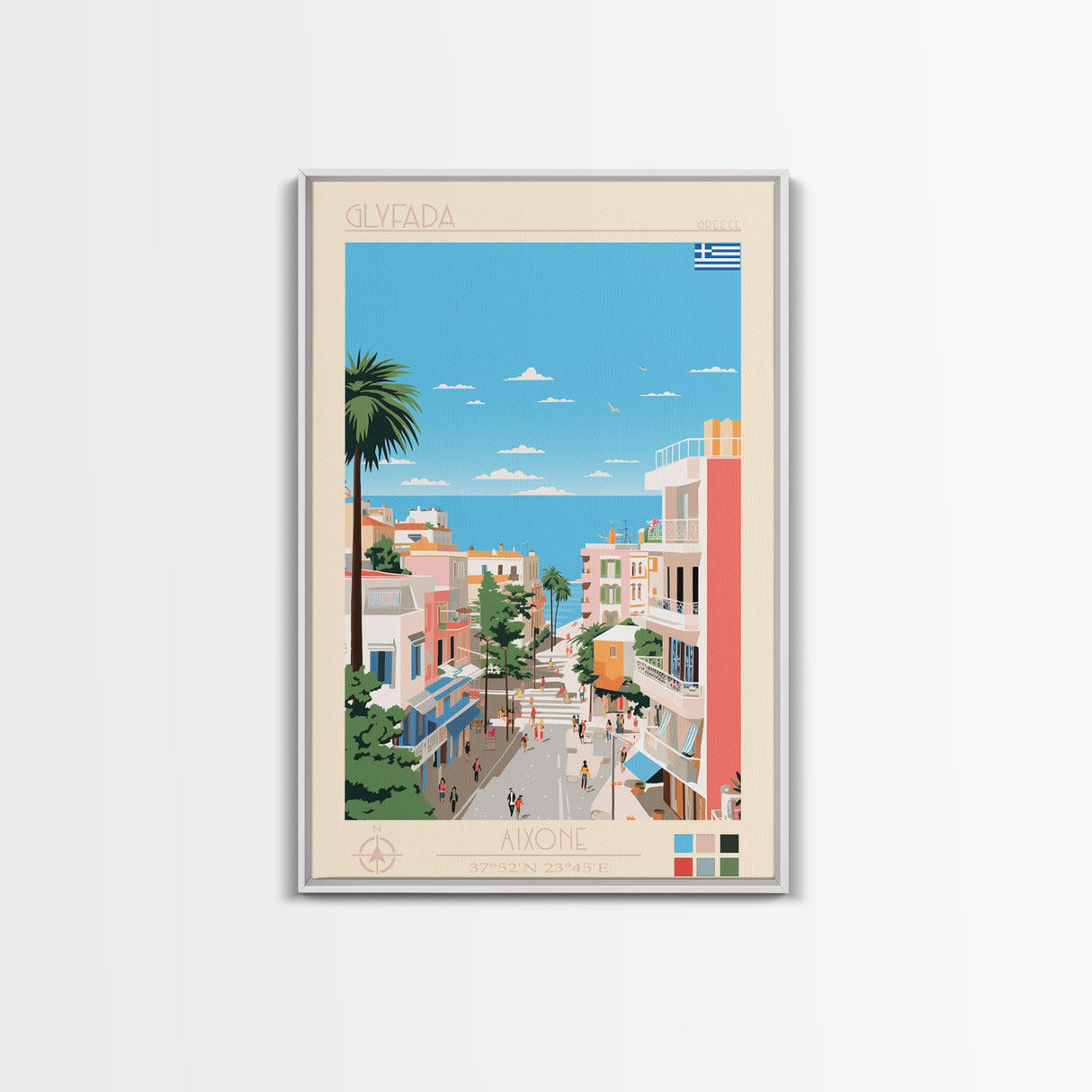 Glyfada Greece Travel Poster Framed Canvas Print, Midcentury Modern Art, Pop Art Wall Decor, Scenic Wall Art, Bedroom Decoration, Office Art