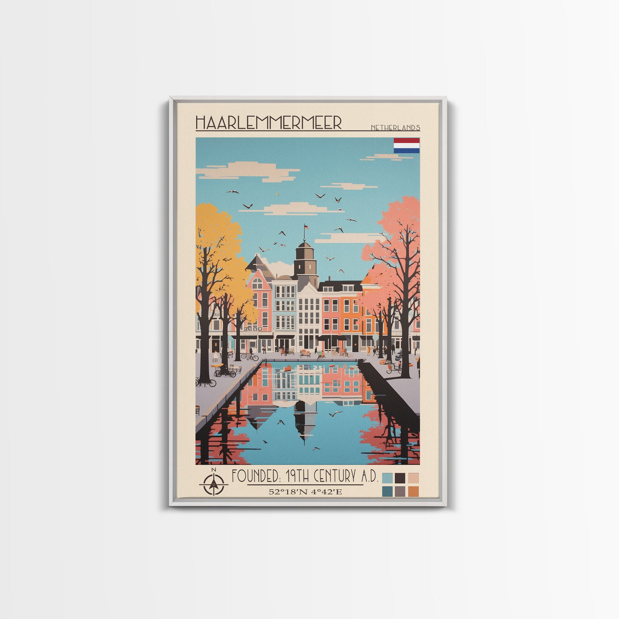 Haarlemmermeer Netherlands Travel Poster Framed Canvas Print, Midcentury Modern Art, Pop Art Wall Decor, Scenic Wall Art, Living Room Decoration, Office Art