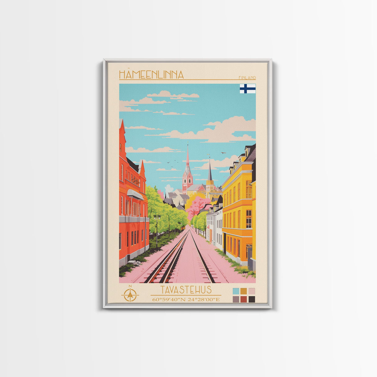 Hämeenlinna City in Finland Finland Travel Poster Framed Canvas Print, Midcentury Modern Art, Pop Art Wall Decor, Home Decor, Vacation Gift, Bedroom Art
