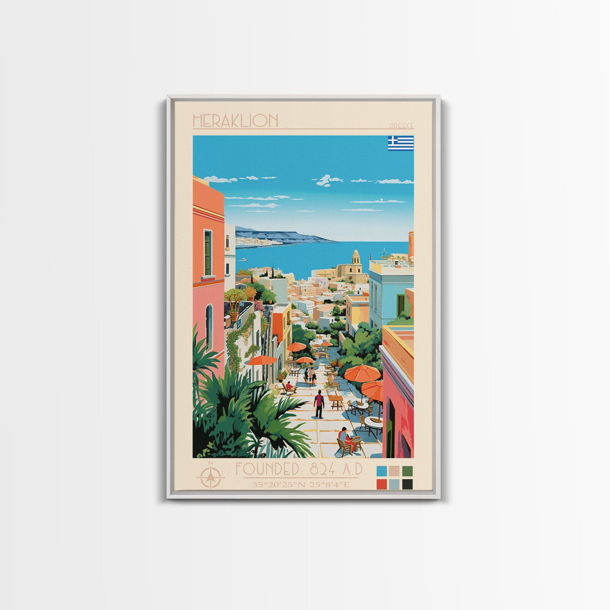 Heraklion Greece Travel Poster Framed Canvas Print, Midcentury Modern Art, Pop Art Wall Decor, Scenic Living Room Art, Bedroom Decor