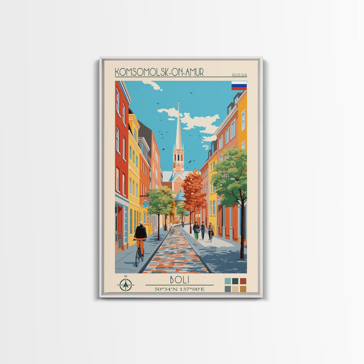 Komsomolsk on Amur Russia Travel Poster Framed Canvas Print, Midcentury Modern Art, Pop Art Wall Decor, Scenic Wall Art, Living Room Decoration, Office Art