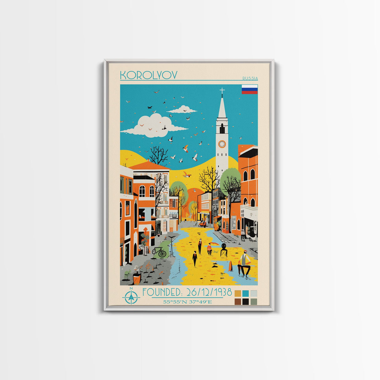 Korolyov Russia Travel Poster Framed Canvas Print, Midcentury Modern Art, Pop Art Wall Decor, Scenic Bedroom Art, Office Decoration
