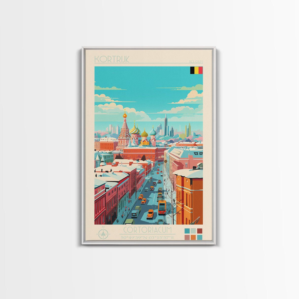 Kortrijk Belgium Travel Poster Framed Canvas Print, Midcentury Modern Art, Pop Art Wall Decor, Scenic Living Room Art, Bedroom Decor