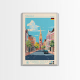 Krefeld Germany Travel Poster Framed Canvas Print, Midcentury Modern Art, Pop Art Wall Decor, Scenic Living Room Art, Bedroom Decor