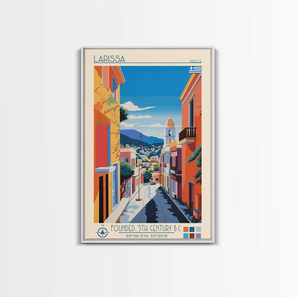 Larissa Greece Travel Poster Framed Canvas Print, Midcentury Modern Art, Pop Art Wall Decor, Scenic Wall Art, Living Room Decoration, Office Gift