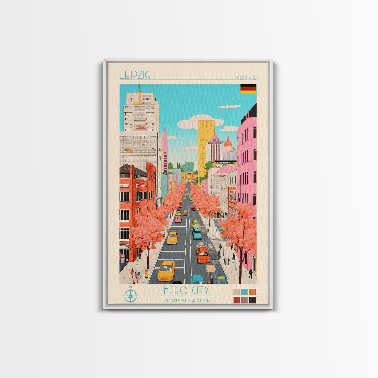 Leipzig Germany Travel Poster Framed Canvas Print, Midcentury Modern Art, Pop Art Wall Decor, Scenic Living Room Art, Bedroom Gift