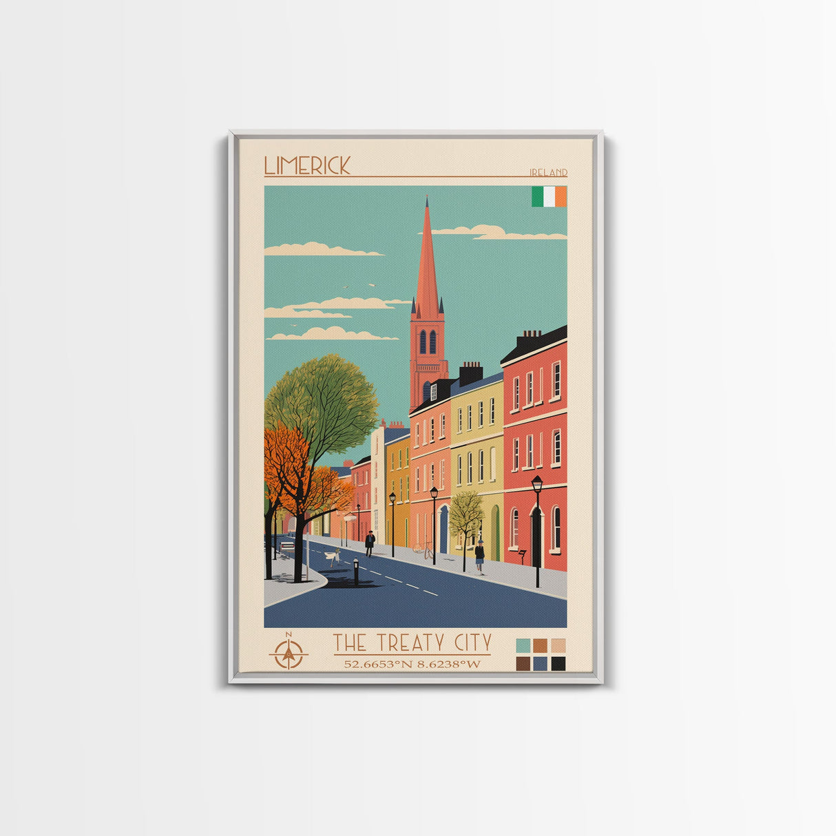 Limerick Ireland Travel Poster Framed Canvas Print, Wall Decor, Midcentury Modern Art, Pop Art, Scenic Art for Bedroom and Office