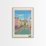 Linz Austria Travel Poster Framed Canvas Print, Wall Decor, Midcentury Modern Art, Pop Art, Scenic Art for Bedroom and Living Room