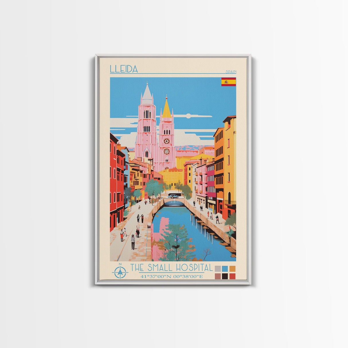 Lleida Spain Travel Poster Framed Canvas Print, Midcentury Modern Art, Pop Art Wall Decor, Scenic Art, Living Room and Office Gift