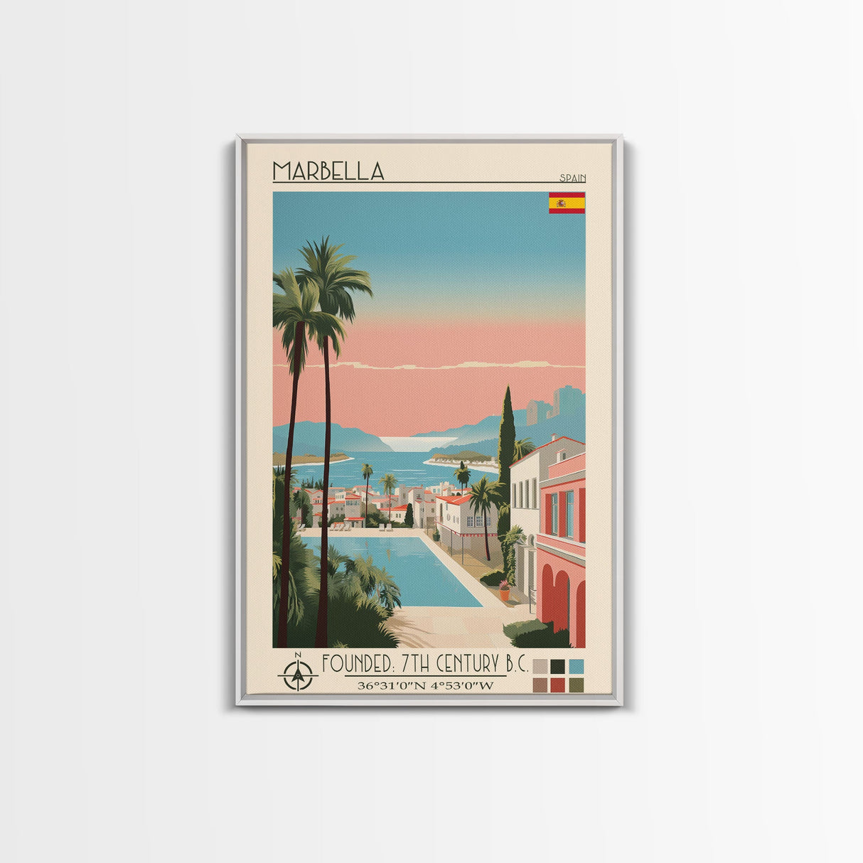 Marbella Spain Travel Poster Framed Canvas Print, Midcentury Modern Art, Pop Art Wall Decor, Scenic Living Room Art, Bedroom Decor