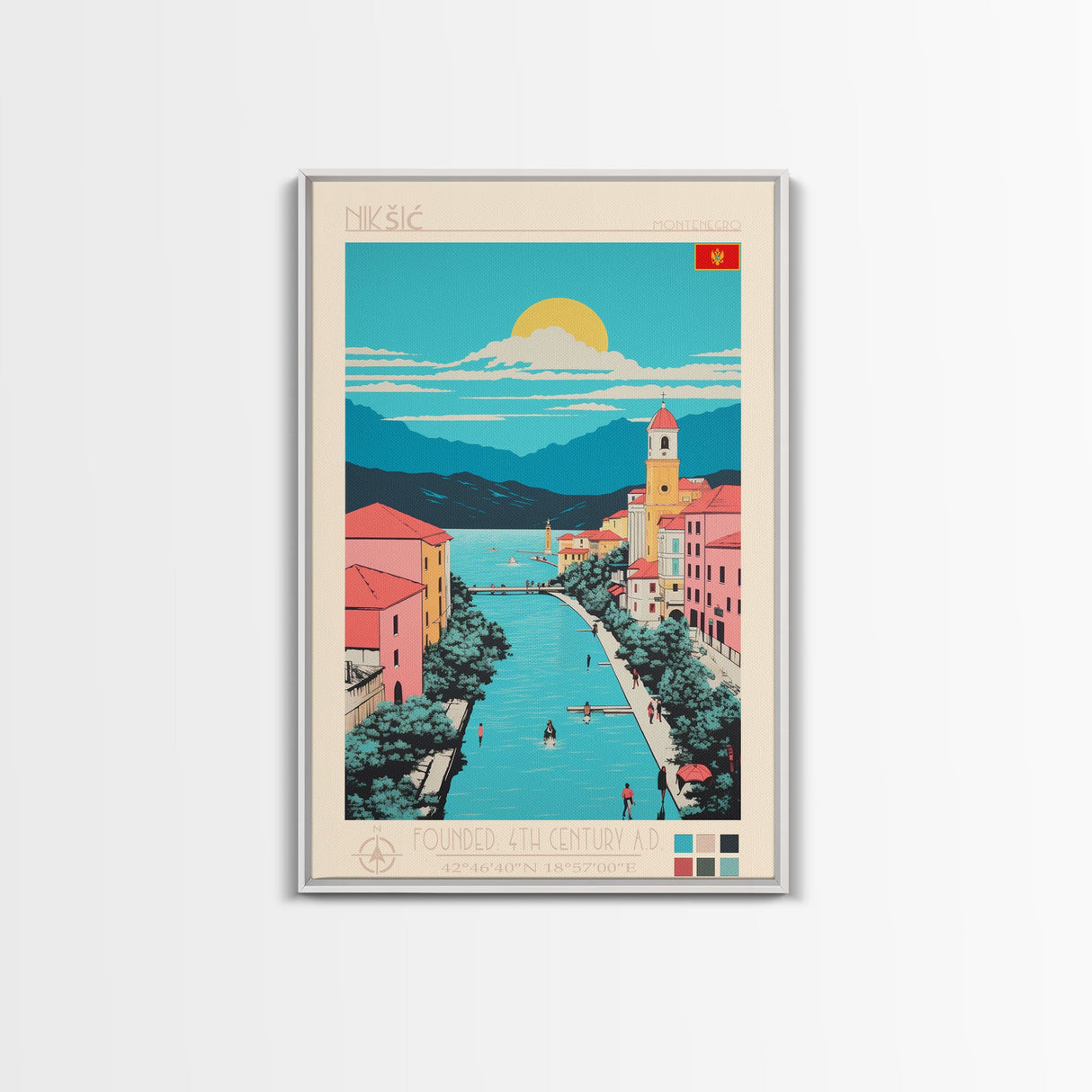 Nikšić Montenegro Travel Poster Framed Canvas Print, Midcentury Modern Art, Pop Art Wall Decor, Home Decor, Vacation Gift, Bedroom Art