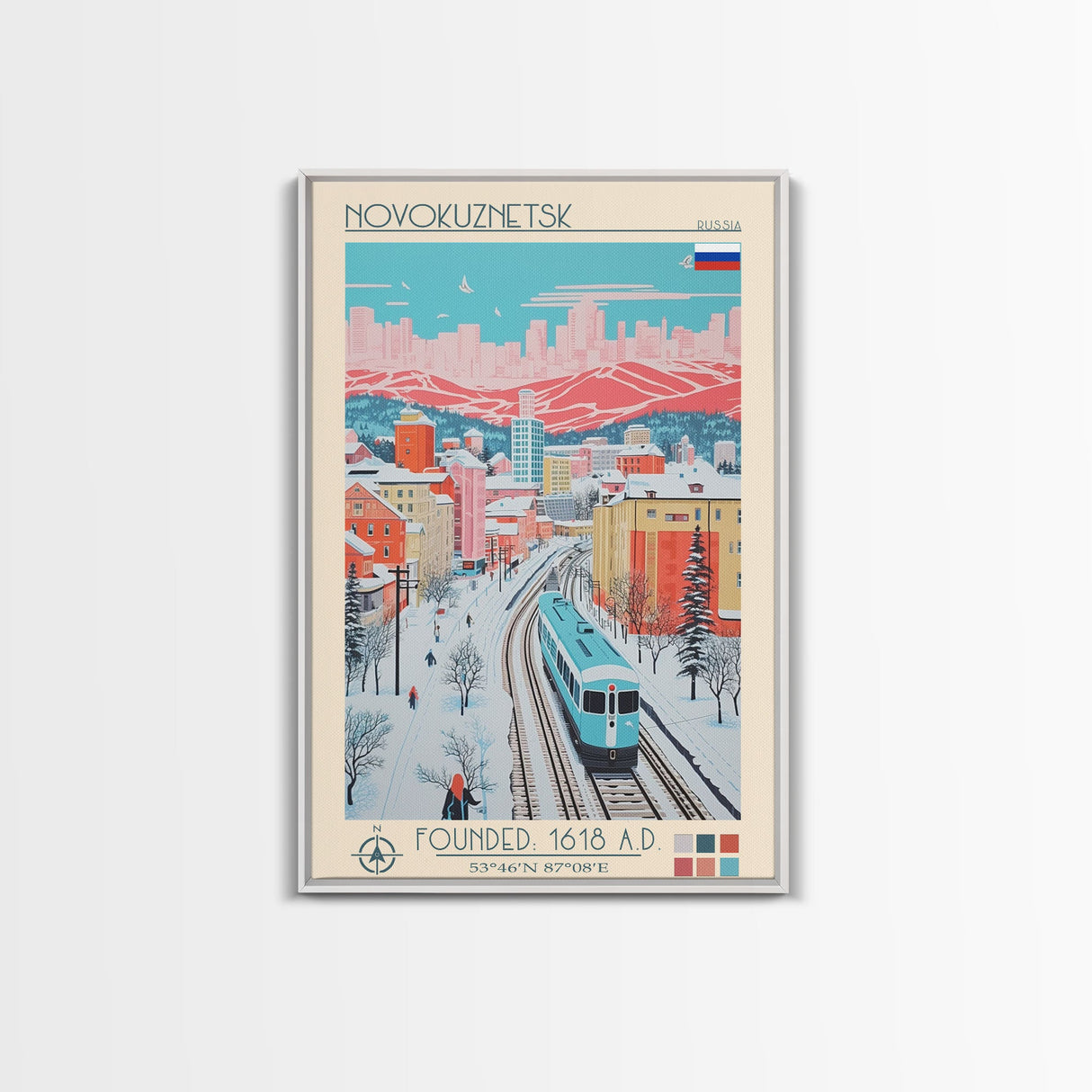 Novokuznetsk Russia Travel Poster Framed Canvas Print, Midcentury Modern Art, Pop Art Wall Decor, Scenic Wall Art, Living Room Decoration, Office Art