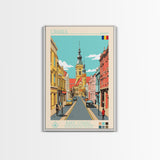 Oradea Romania Travel Poster Framed Canvas Print, Midcentury Modern Art, Pop Art Wall Decor, Scenic Bedroom Art, Office Decoration