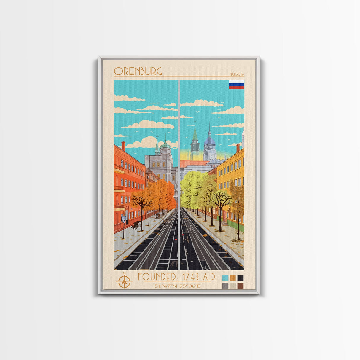 Orenburg Russia Travel Poster Framed Canvas Print, Midcentury Modern Art, Pop Art Wall Decor, Scenic Living Room Art, Bedroom Decor