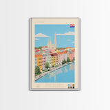 Osijek Croatia Travel Poster Framed Canvas Print, Midcentury Modern Art, Pop Art Wall Decor, Home Decor, Vacation Gift, Office Art