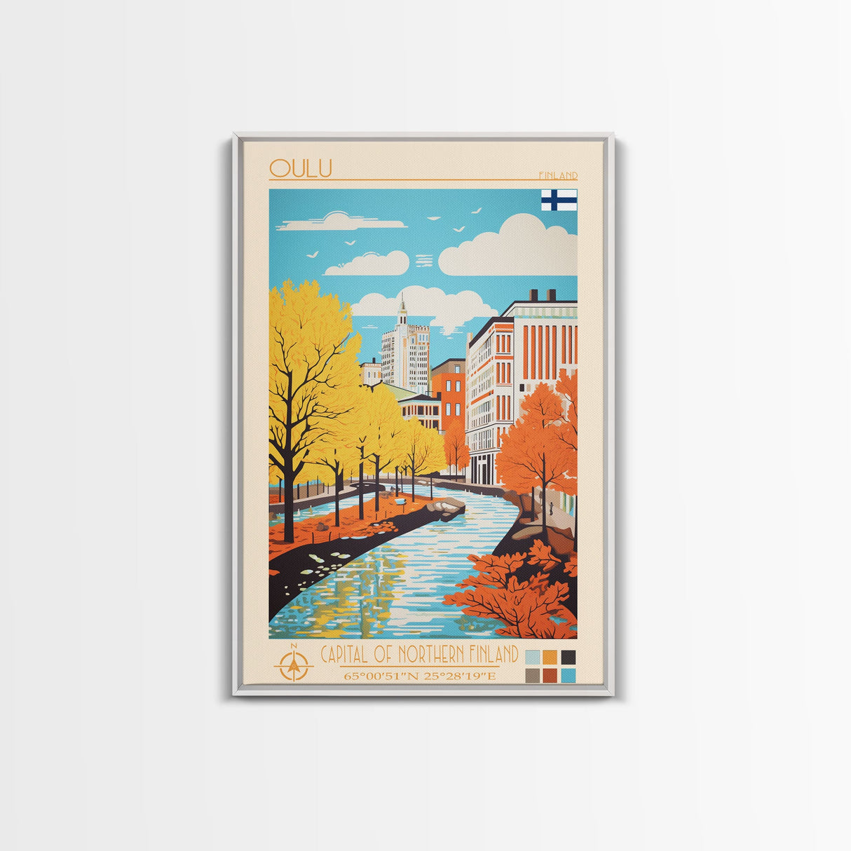Oulu Finland Travel Poster Framed Canvas Print, Midcentury Modern Art, Pop Art Wall Decor, Scenic Wall Art, Living Room Decoration, Office Gift