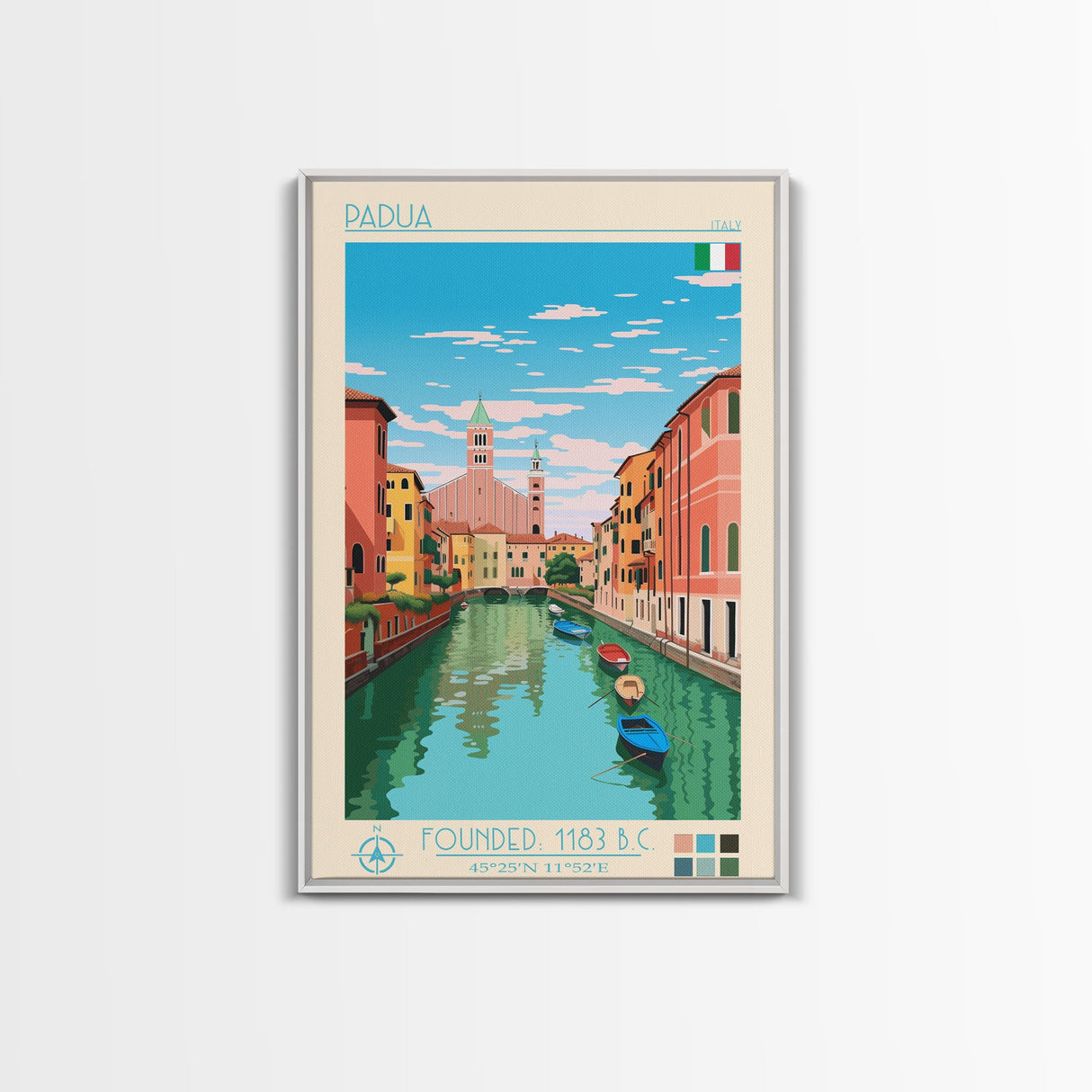 Padua Italy Travel Poster Framed Canvas Print, Midcentury Modern Art, Pop Art Wall Decor, Scenic Bedroom Art, Office Decoration