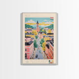 Pécs Hungary Travel Poster Framed Canvas Print, Midcentury Modern Art, Pop Art Wall Decor, Living Room Art, Home Decoration