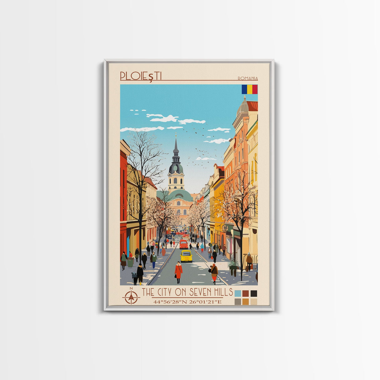 Ploiești Romania Travel Poster Framed Canvas Print, Midcentury Modern Art, Pop Art Wall Decor, Scenic Wall Art, Bedroom Decoration