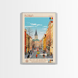 Ploiești Romania Travel Poster Framed Canvas Print, Midcentury Modern Art, Pop Art Wall Decor, Scenic Wall Art, Bedroom Decoration