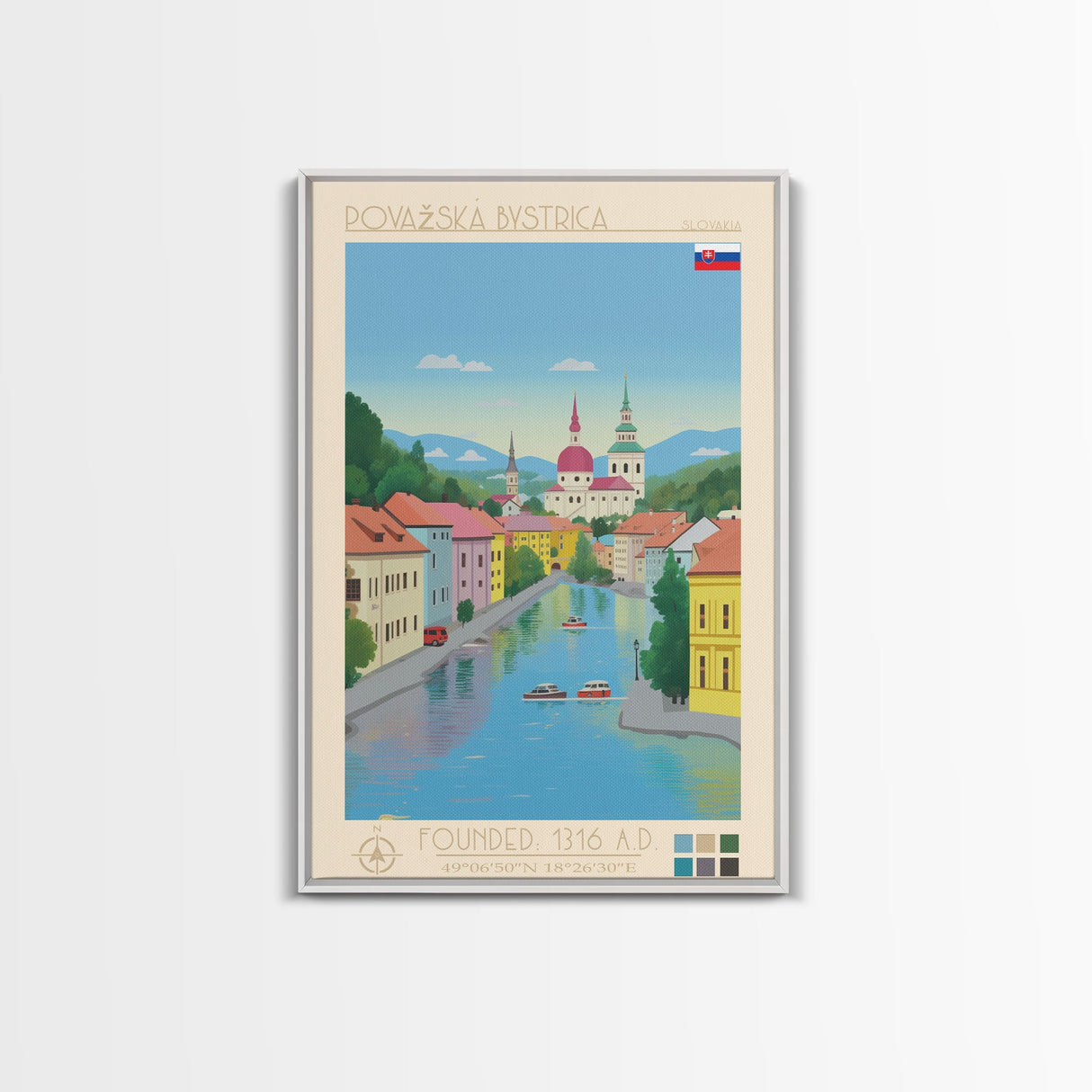 Považská Bystrica Slovakia Travel Poster Framed Canvas Print, Midcentury Modern Art, Pop Art Wall Decor, Scenic Wall Art, Living Room Decoration, Office Art
