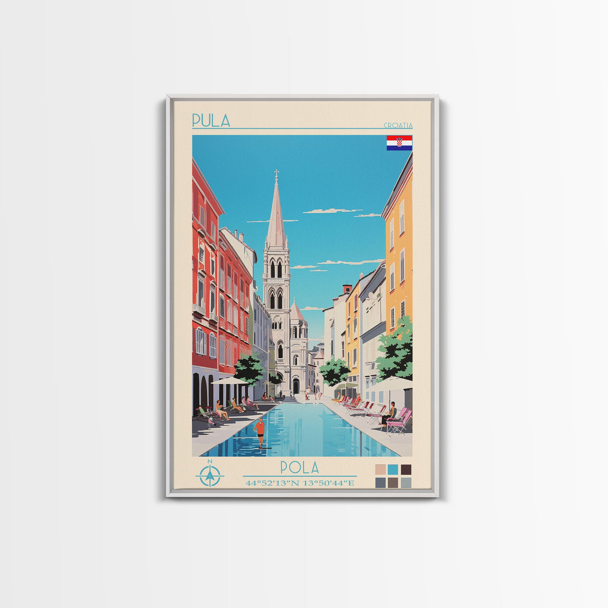 Pula Croatia Travel Poster Framed Canvas Print, Midcentury Modern Art, Pop Art Wall Decor, Scenic Wall Art, Living Room Decoration, Office Gift