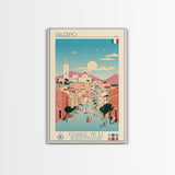Salerno Italy Travel Poster Framed Canvas Print, Midcentury Modern Art, Pop Art Wall Decor, Home Decor, Office Gift, Living Room Art