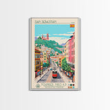 San Sebastian Spain Travel Poster Framed Canvas Print, Midcentury Modern Art, Pop Art Wall Decor, Home Decor, Office Art