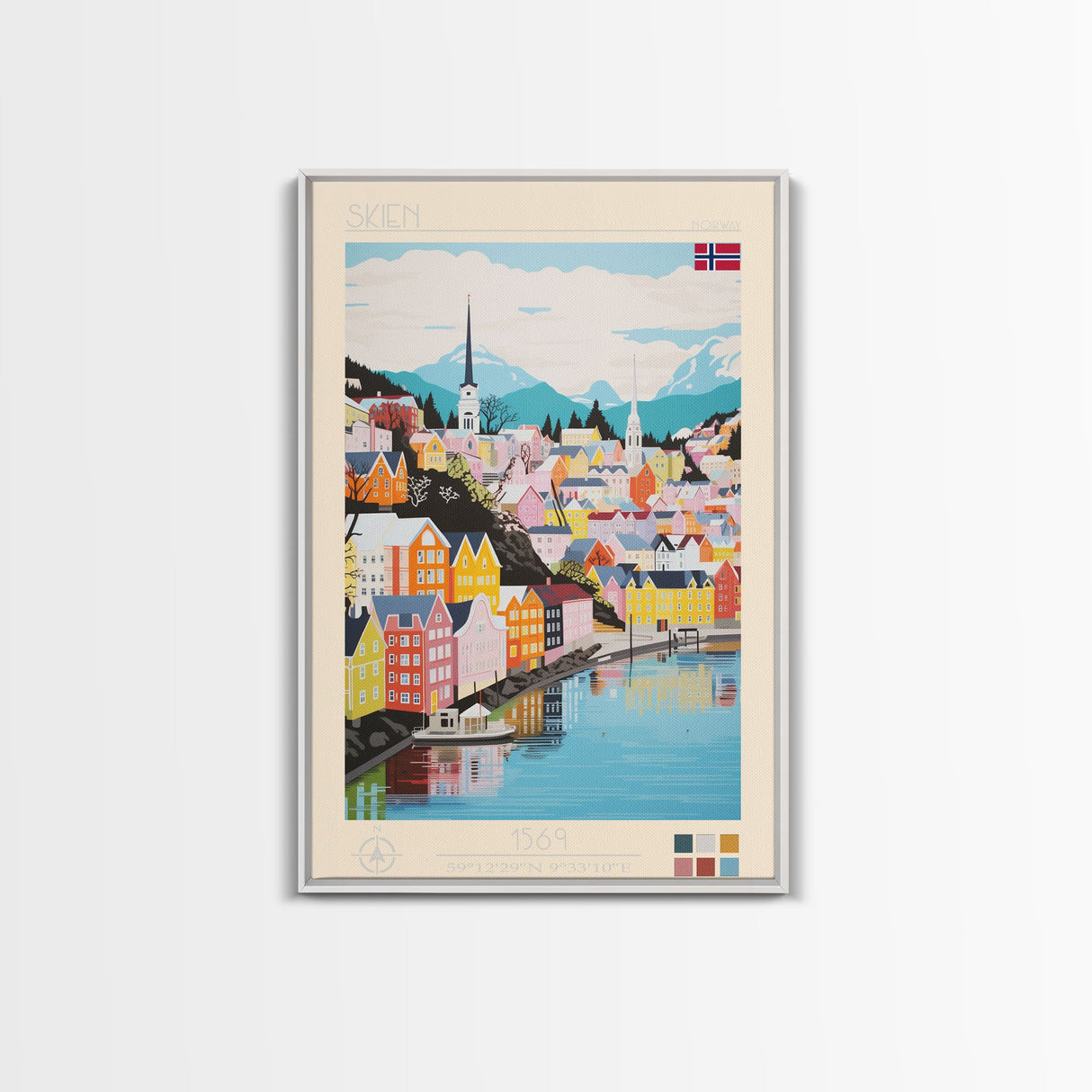 Skien Norway Travel Poster Framed Canvas Print, Midcentury Modern Art, Pop Art Wall Decor, Scenic Wall Art, Bedroom Art